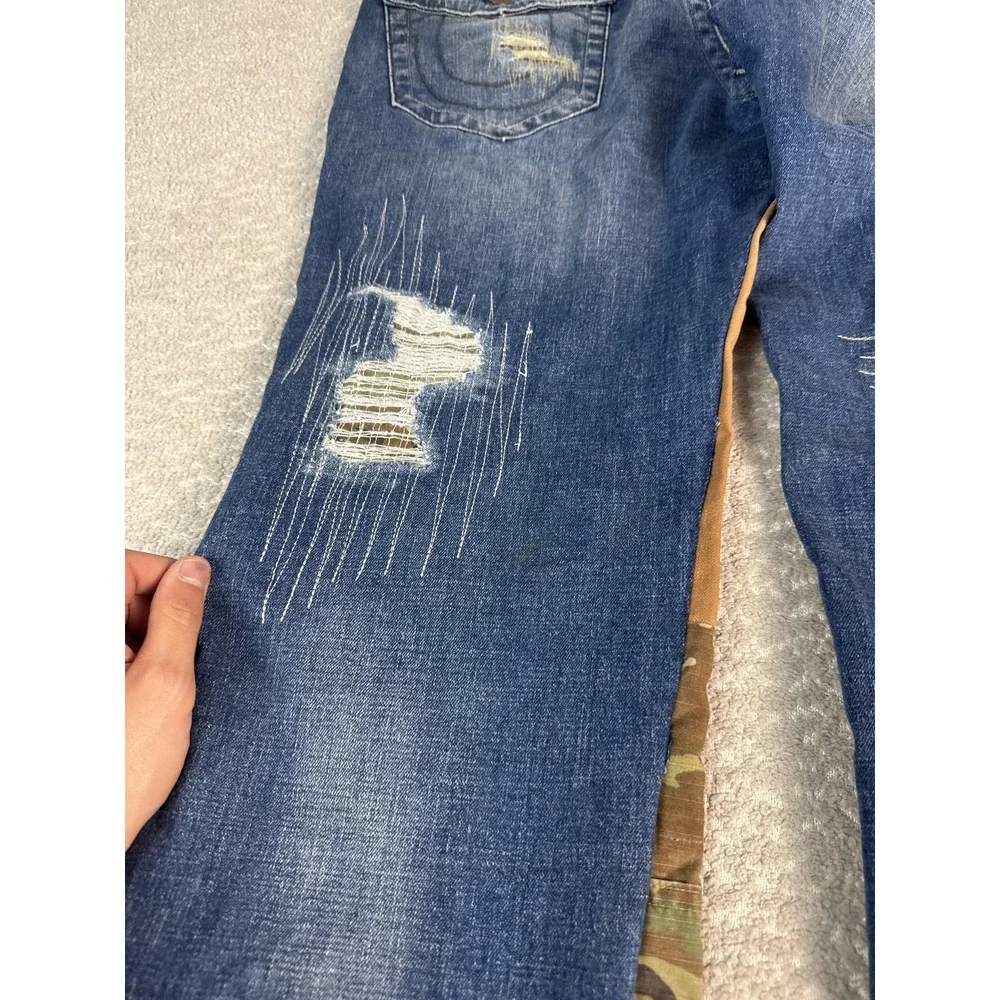 True Religion Ricky Jeans Mens 34x35 Blue Relaxed Straight Camo Distressed Denim
